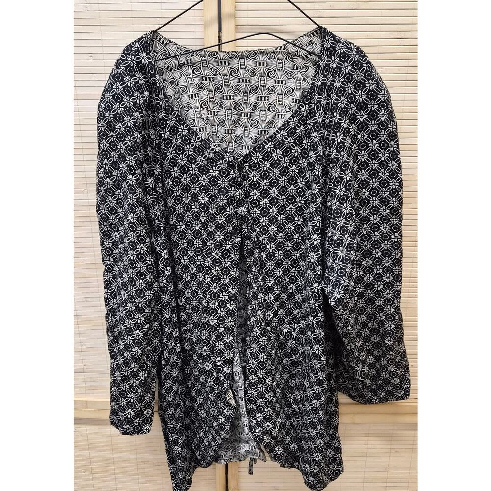 Reversible Black White Print Blouse Boho Button Front Tie Back XL